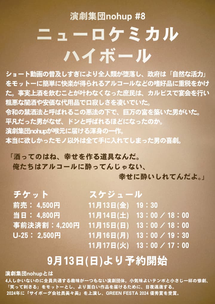 演劇集団nohupの次回本公演「ニューロケミカルハイボール」の仮チラシ